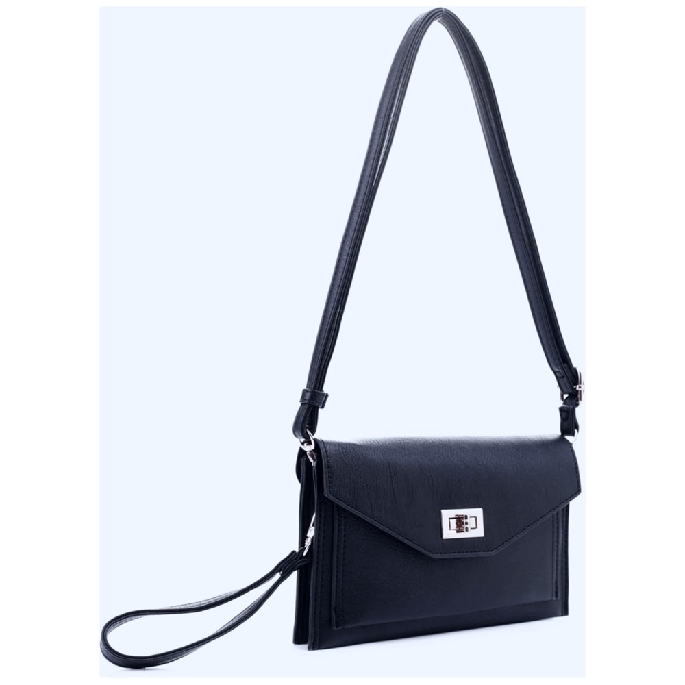 NWT : Isabelle : black envelope vegan faux leather clutch crossbody wristlet bag